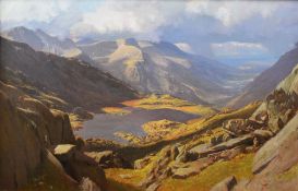DAVID WOODFORD oil on canvas - superior Snowdonia landscape in sunlight with clouds, entitled '