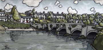 ALAN WILLIAMS acrylic on canvas - 17th Century stone bridge over the River Teifi, entitled verso '