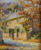 HEATHER CRAIGMILE oil - autumnal cottage scene in the Conwy Valley with farmer by a gate, signed