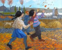 CLAUDIA WILLIAMS oil on canvas - three young girls walking amongst autumn leaves and with two