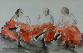 VALERIE GANZ mixed media - study of three seated female dancers in matching costumes, signed, 27.5 x