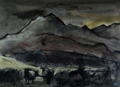 SIR KYFFIN WILLIAMS RA watercolour and inkwash - Snowdonia landscape with farmer, sheepdog and two