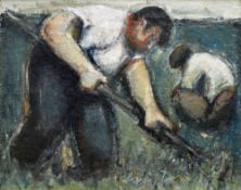 WILL ROBERTS oil on canvas - study of two figures working, entitled verso 'Weeding at Giles Farm,