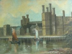 ALFRED WORTHINGTON Primitive School oil on canvas, believed laid on board - Caernarfon Castle and