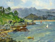 KEITH GARDNER oil on board - rocky coastal cove with numerous figures & yachts, signed, 29 x 39cms
