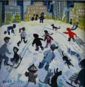 NICK HOLLY acrylic on canvas - 'Fun in the Snow, Central Park, New York', signed, 18.5 x 18.5 cms
