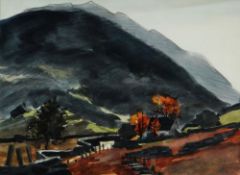 SIR KYFFIN WILLIAMS RA watercolour - Snowdonia landscape with cottage and autumnal trees, signed