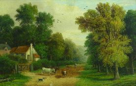 J MORRIS oil on canvas - pastoral scene with farmstead, drover and cattle with dog on a lane,