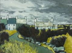 OWEN MEILIR oil on board - Anglesey cottages by a lane, signed in full, 37 x 49 cms