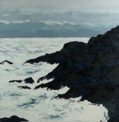 GWYN ROBERTS oil on canvas - stormy Anglesey coastal scape with distant mountains, signed with