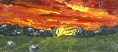 WYN HUGHES acrylic on board - old farm field gate and a fierce sunset, signed with initials, 13.5