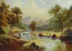 E(?) CUTTS oil on canvas - Welsh river scene with fisherman on the bank, signed and dated 1879 and