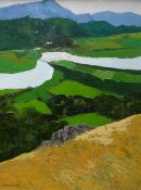 GWILYM PRICHARD oil on canvas - landscape with farmland, meandering river and mountains, signed,