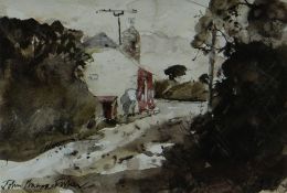 JOHN KNAPP FISHER watercolour and pencil - lane with cottage and trees, entitled verso 'Trearched