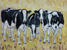 GWYN OWEN acrylic on board - five curious standing Friesian cows, signed, 28 x 38 cms