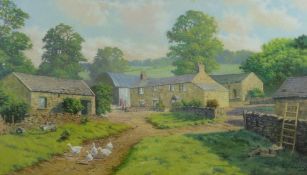 TONY WOODING oil on canvas - farmstead with geese on a track, signed, 39 x 75 cms