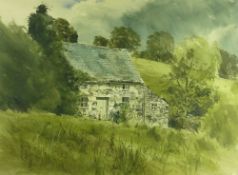 KEITH ANDREW watercolour - old semi-derelict Anglesey cottage with sheep grazing on the hillside,