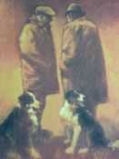 ANEURIN JONES coloured print - two farmers chatting, each with a patient seated sheepdog, signed,