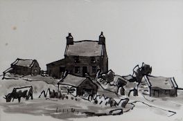 SIR KYFFIN WILLIAMS RA inkwash - Anglesey farmstead with outbuildings and grazing cow, entitled