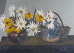 GWYN BROWN oil on canvas - still life, flowers in vessels on a table, signed and entitled verso