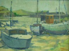 HYWEL HARRIES oil on board - boats in a harbour, signed, 27 x 37cms