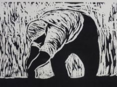 WILL ROBERTS limited edition woodcut-style (9/100) print - bent figure at work, signed, 20 x 27cms