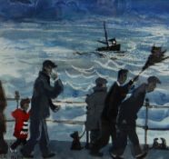 NICK HOLLY mixed media - figures on a promenade with boat beyond in choppy seas, entitled verso 'A