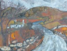 GWILYM PRICHARD mixed media - Anglesey landscape with cottage by a lane, signed and entitled label