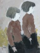 DONALD McINTYRE oil on board - two standing twins, signed with initials and entitled verso '