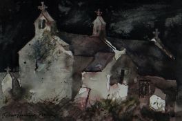 JOHN KNAPP FISHER watercolour - historic Gwynedd church at night, entitled verso 'St Gwyndaf Church,
