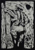 WILL ROBERTS woodcut-style print - back of a standing farmer, signed, 28 x 29cms