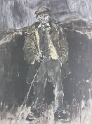 SIR KYFFIN WILLIAMS RA coloured limited edition (22/150) print - farmer Hugh Rowlands with stick and