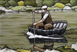 ALAN WILLIAMS acrylic on canvas - single figure in peaked cap and waistcoat rowing the river,