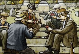 ALAN WILLIAMS acrylic on canvas - five seated gents in a Continental town square with bottles of