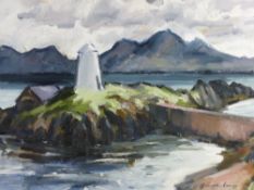 GARETH PARRY oil on canvas - Llanddwyn lighthouse, Anglesey and the distant rivals, signed, 50 x