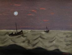 FRED UHLMAN oil on board - moonlit sea with two boats, entitled verso 'Boats' and with labels for