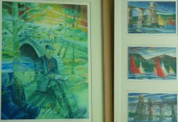 ANDREW SOUTHALL coloured limited edition (14/250) print - two figures by a bridge, signed and