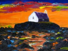 OWEN MEILIR oil on canvas - sunset over St Cwyfan's Church, Aberffraw, signed, 27 x 38 cms