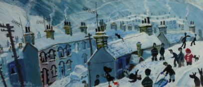 NICK HOLLY acrylic/oil on canvas, under glass - South Wales street scene with children playing in