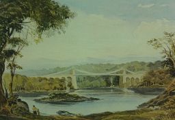 KEITH ANDREW coloured limited edition (88/1000) print - the Menai Suspension Bridge with figures