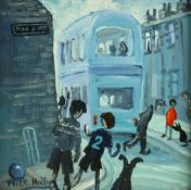 NICK HOLLY acrylic on canvas - street scene with bus and figures, signed and entitled verso 'Blue