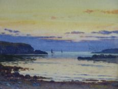 JOHN McDOUGAL watercolour - sunset with distant boats at Cemaes, Anglesey, signed and dated 1926 and