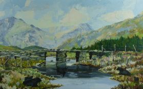 J GLYN ROBERTS oil on canvas - Snowdonia landscape with old stone bridge and Welsh Black Cattle