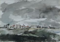 JOHN KNAPP FISHER watercolour - landscape with various buildings, entitled verso 'Rye Harbour,