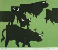 SIR KYFFIN WILLIAMS RA limited edition (71/150) linocut - Welsh Black Cattle, signed in full, 29.5 x