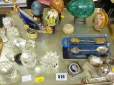 Parcel of collectables including ornamental eggs, souvenir spoons etc