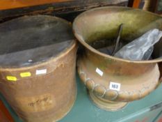 Old hat box and a brass planter with miscellaneous contents