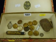 Box of military buttons, silver pendants, lady's watch etc