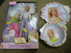 Boxed 'Rapunzel' Barbie Doll and a Barbie Doll children's bowl and plate