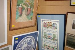 Willow pattern framed tapestry and others (hanging on the wall)